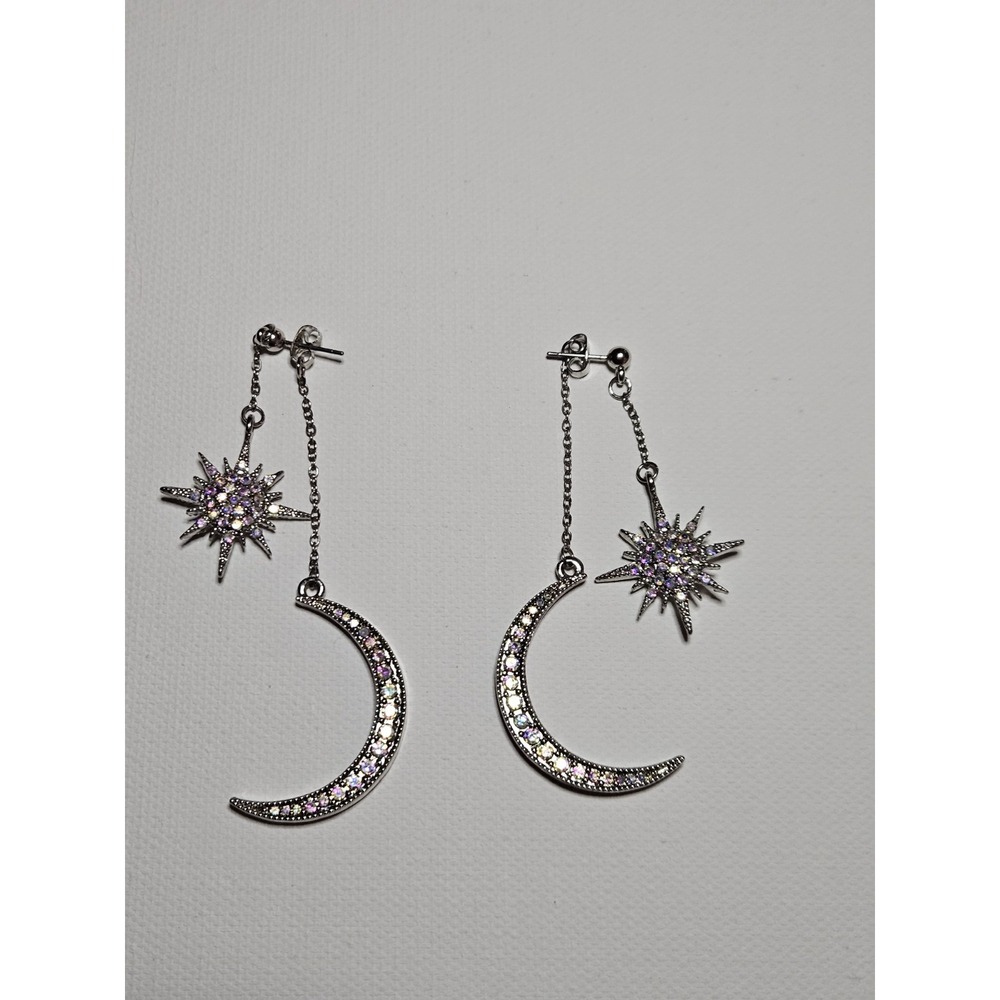 Vintage Celestial Moon Star Asymmetrical Dangle Earrings Silver Rhinestone